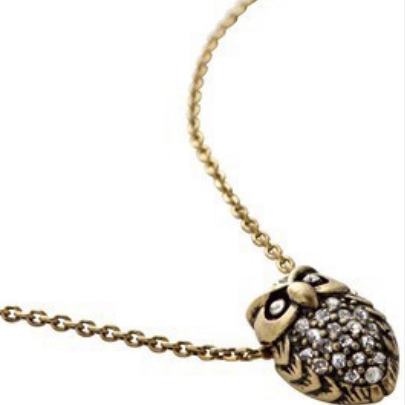 Nwot Fossil Antiqued Gold Pink Paved Crystal Whimsical Owl Pendent Necklace 20$